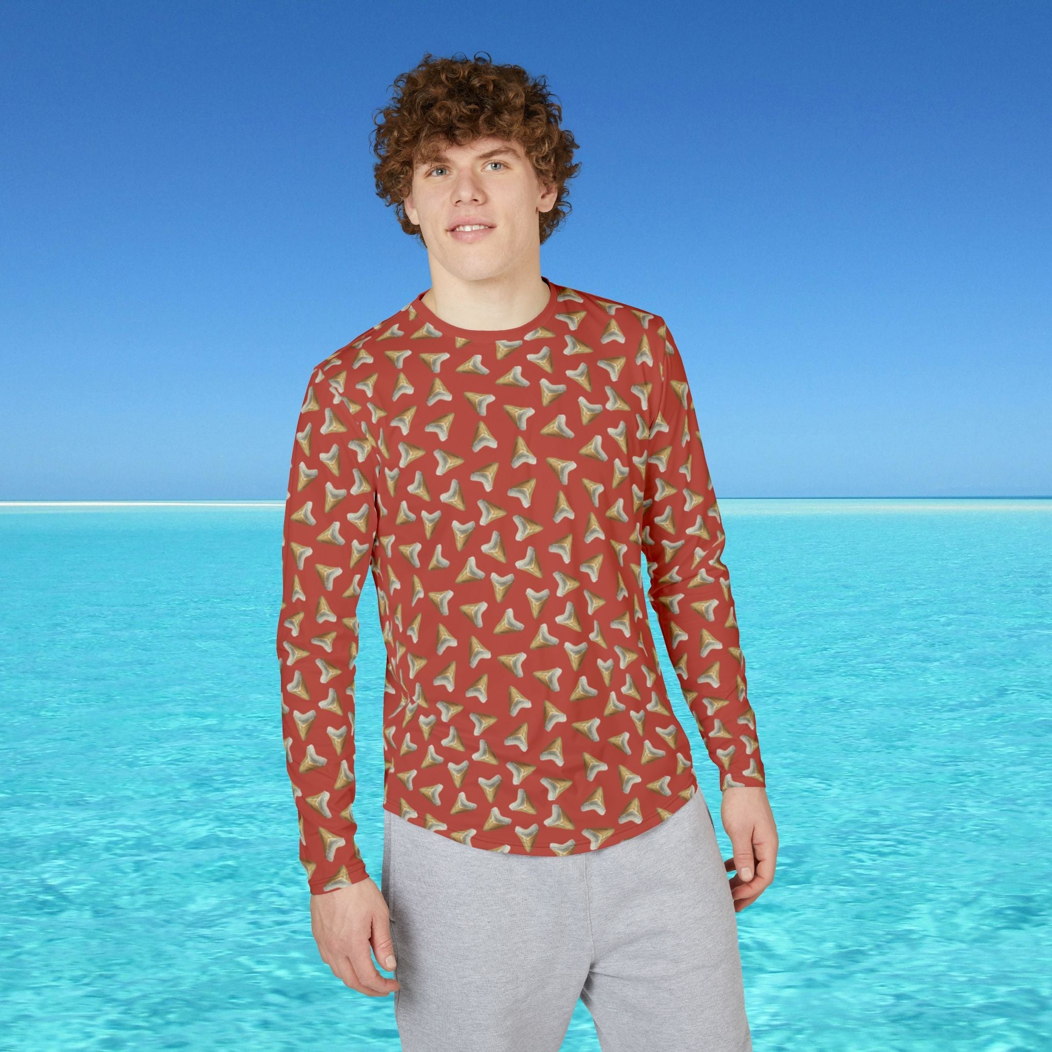 man in shark tooth long sleeve