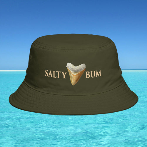Brown bucket hat with 'Salty Bum' text and shark tooth graphic on a blue water background