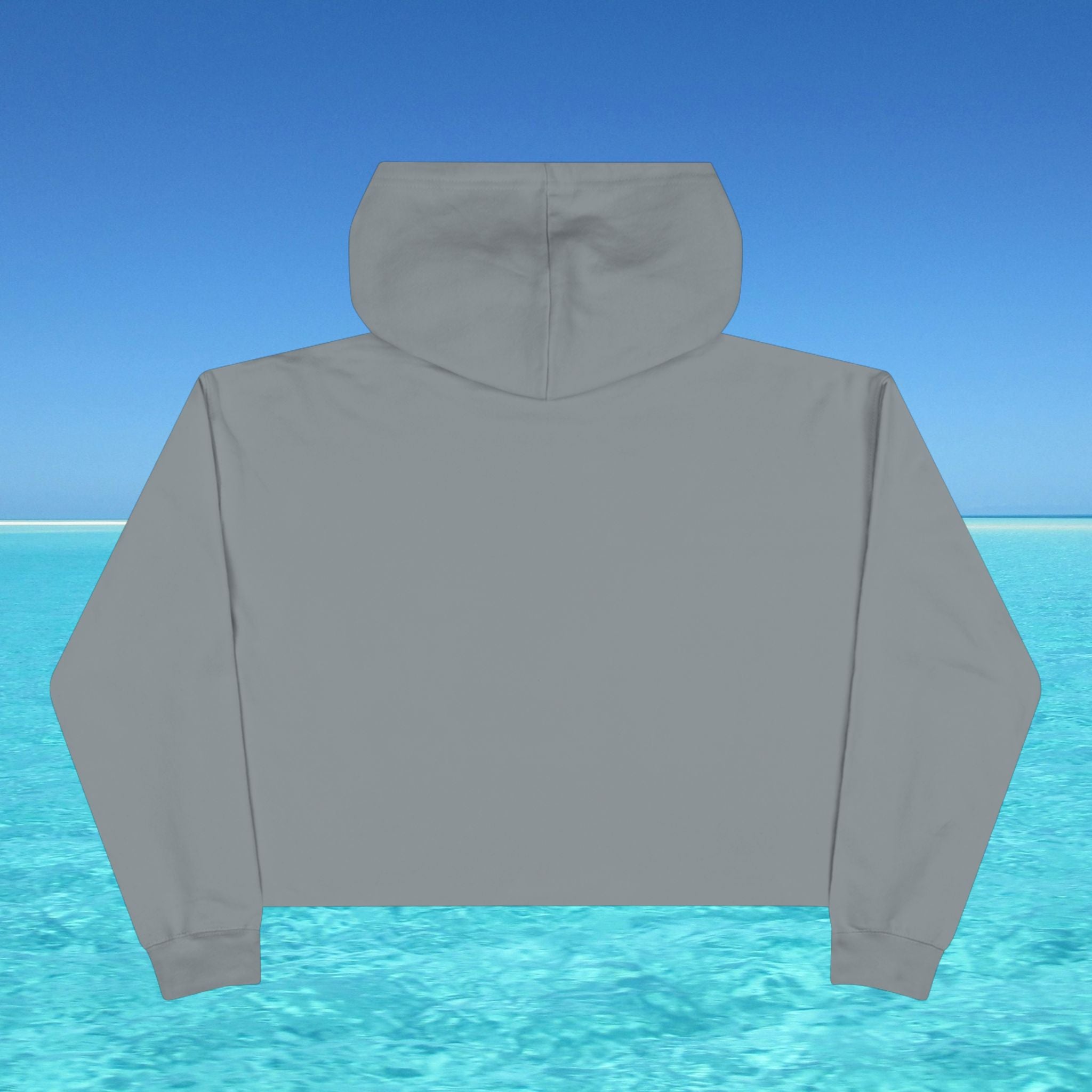 Gray hoodie with a blue sky and ocean background