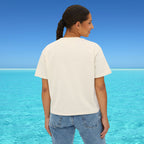 back of womans boxy tee tan
