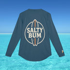 Blue long-sleeve shirt with 'Salty Bum' logo on a beach background