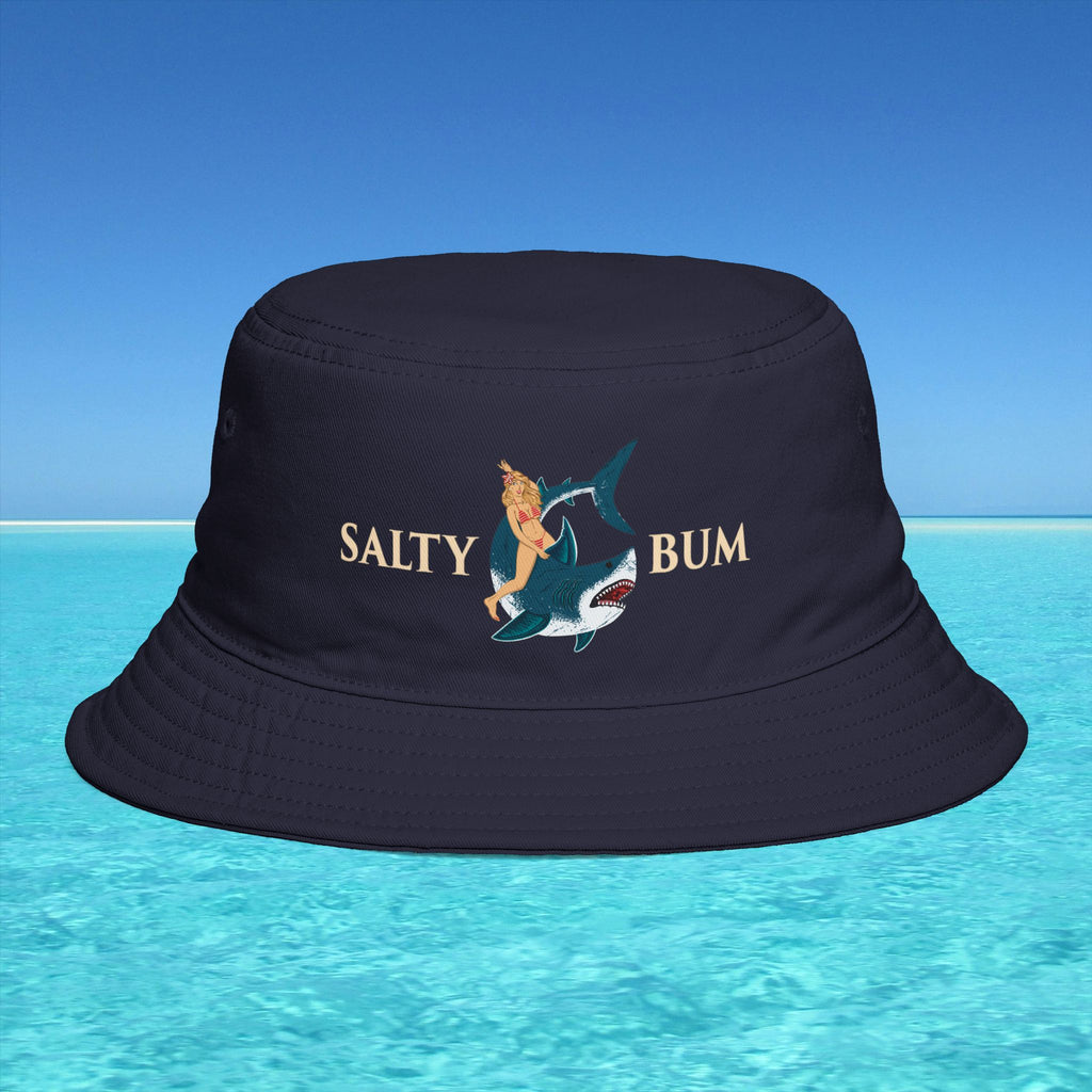 Navy bucket hat with 'Salty Bum' logo on a blue water background