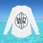 White long-sleeve shirt with 'Salty Bum' graphic on a blue water background