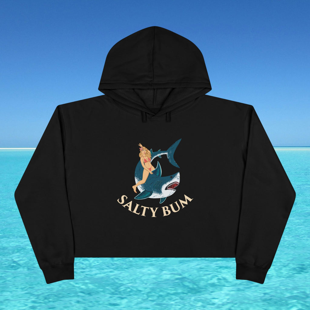 Black hoodie with 'Salty Bum' graphic design on a blue water background