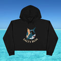 Black hoodie with 'Salty Bum' graphic design on a blue water background