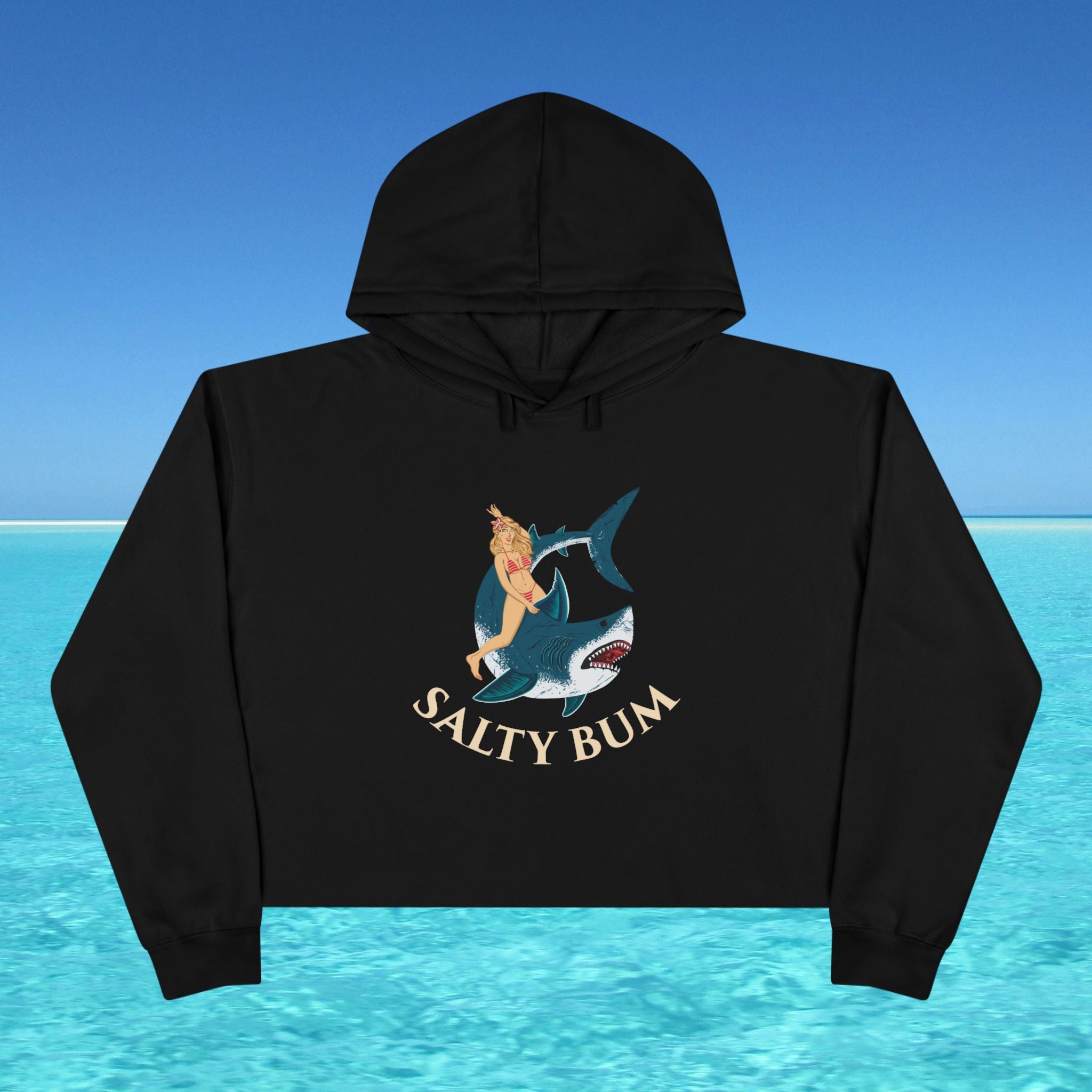 Black hoodie with 'Salty Bum' graphic design on a blue water background