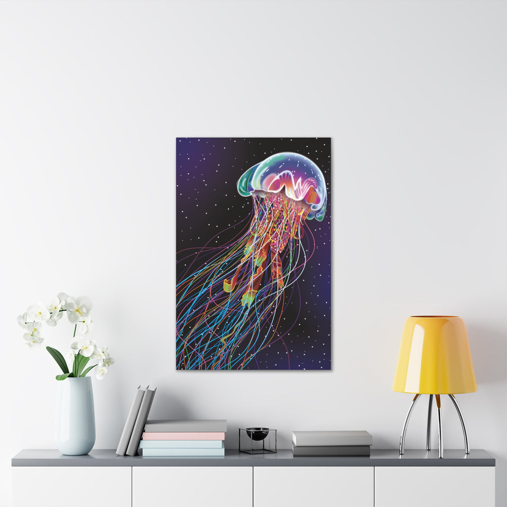 Colorful jellyfish painting on a wall above a table with decor items.