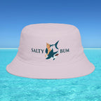 Pink bucket hat with 'Salty Bum' design on a blue water and sky background