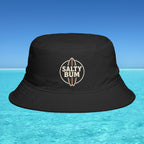 Black bucket hat with 'Salty Bum' logo on a blue water background