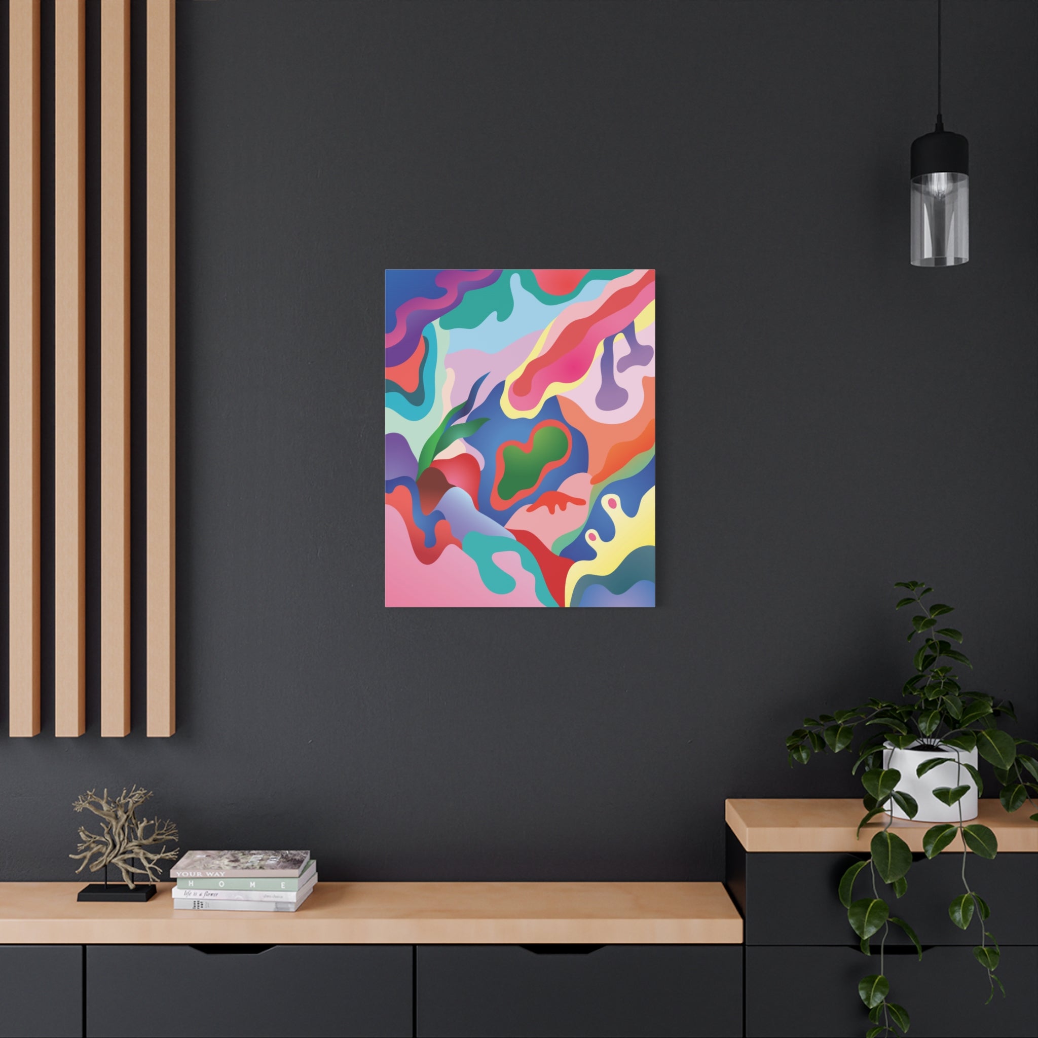 Colorful abstract painting on a dark wall with wooden shelves and decor.
