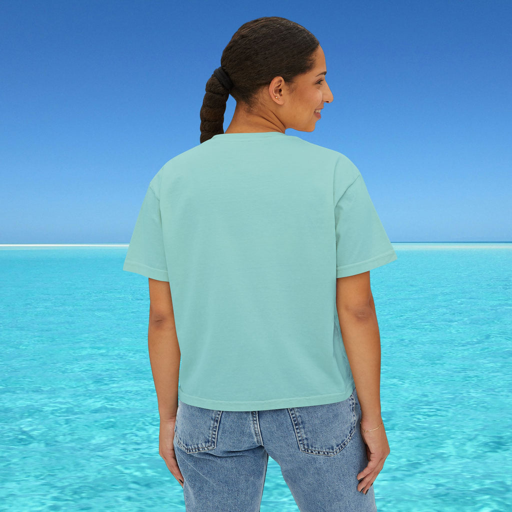 back of blue womans boxy tee