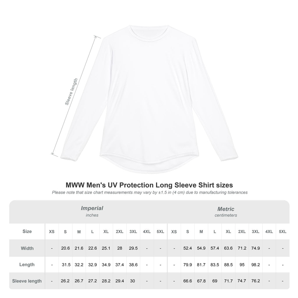 White long-sleeve shirt with size chart for UV protection on a white background