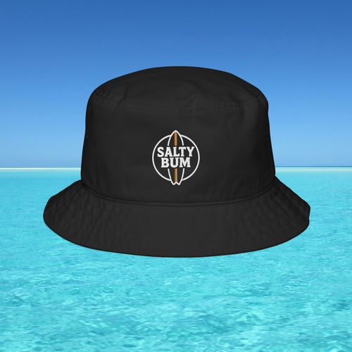 Black bucket hat with 'Salty Bum' logo on a blue water background