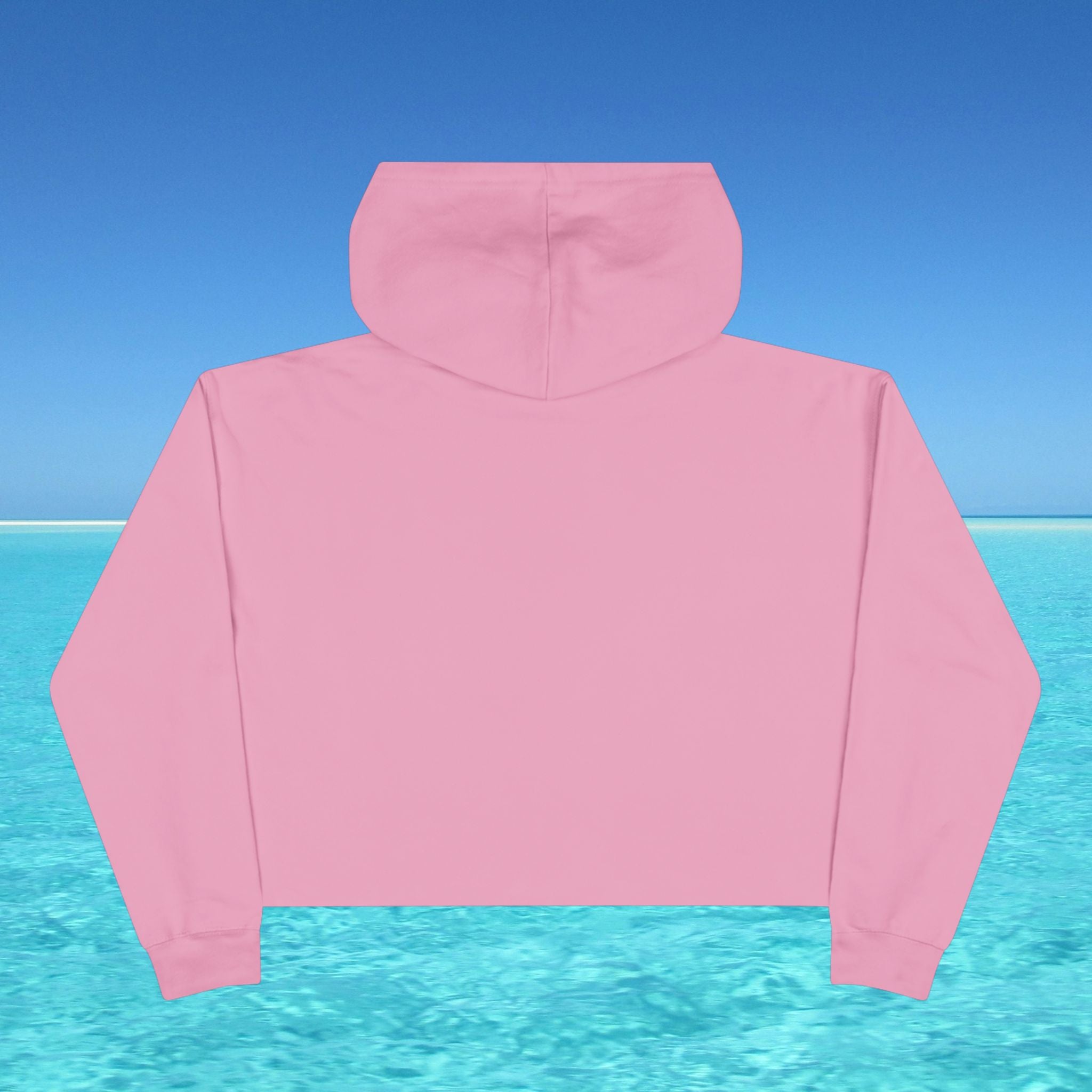 Pink hoodie against a blue sky and water background