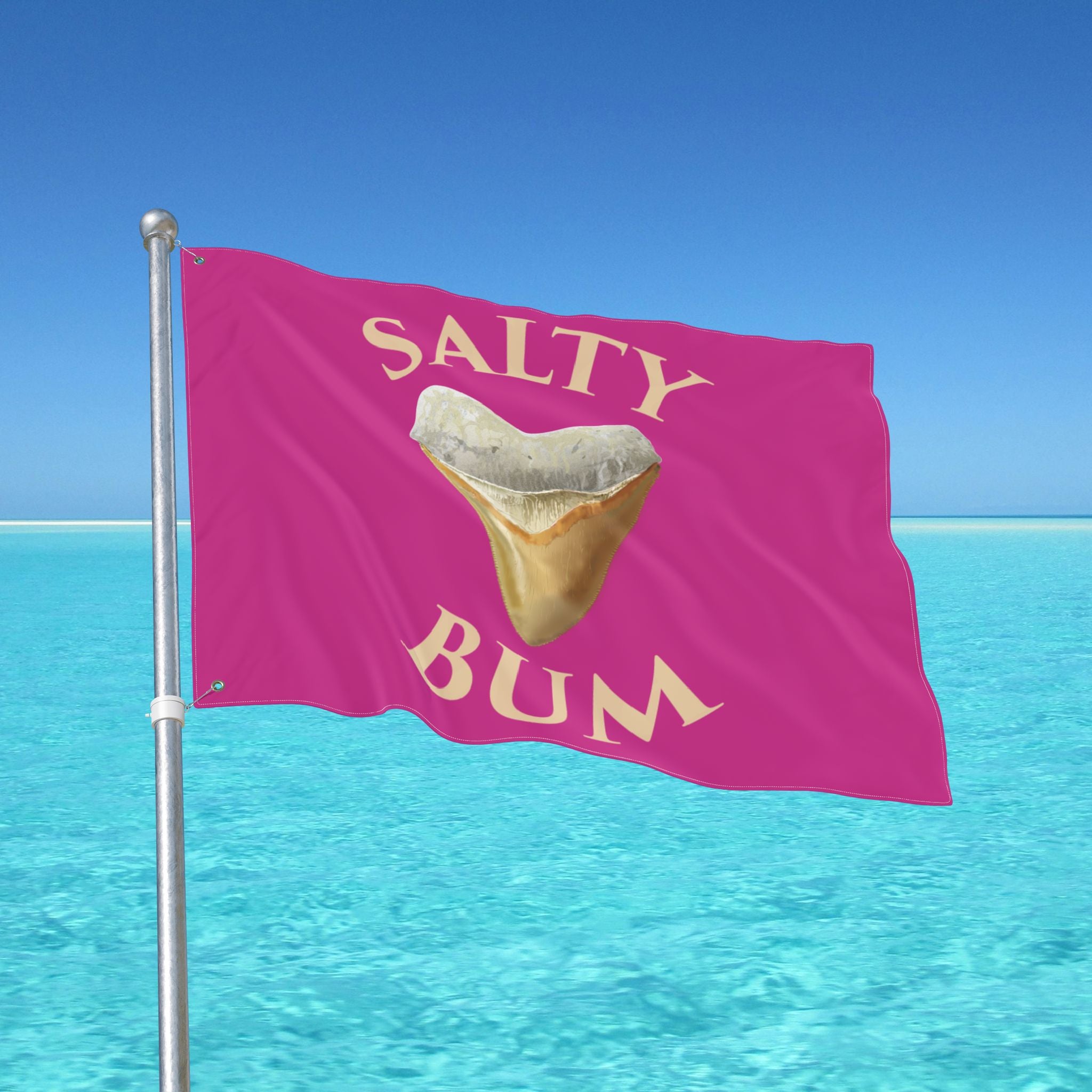 Flag with 'Salty Bum' text and a tooth graphic against a blue ocean and sky background