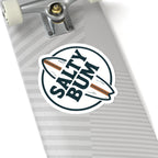 Skateboard with a 'Salty Bum' sticker on a white background