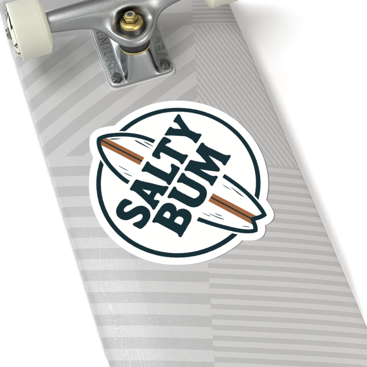 Skateboard with a 'Salty Bum' sticker on a white background