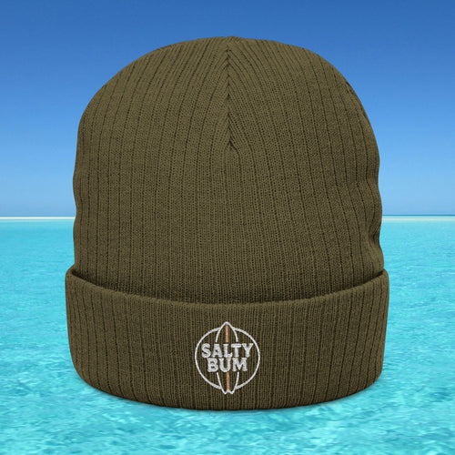 Brown beanie with 'Salty Bum' logo on a blue water and sky background