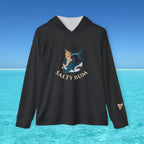 Black hoodie with 'Salty Bum' graphic on a blue water and sky background