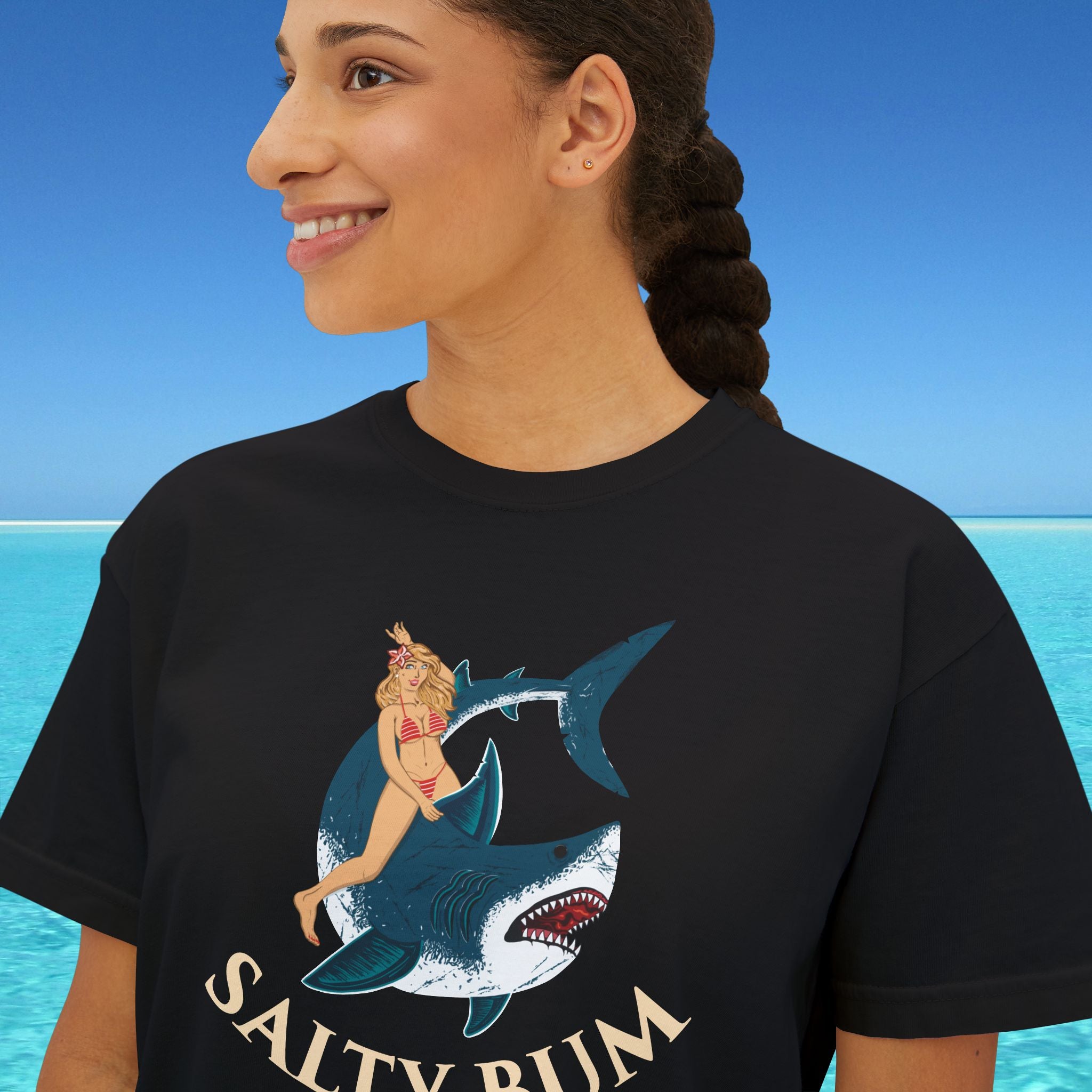 close up of shark boxy tee