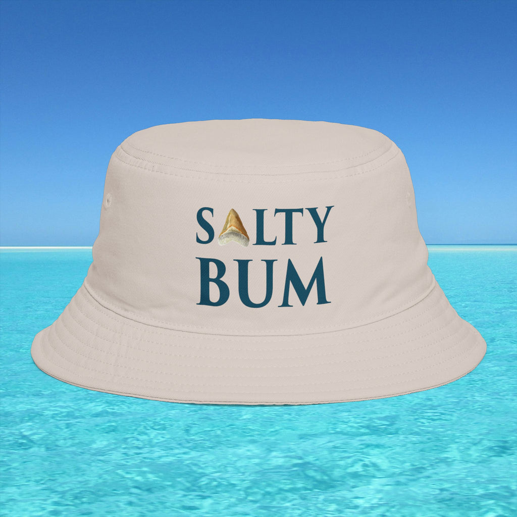 Beige bucket hat with 'Salty Bum' text on a blue water and sky background