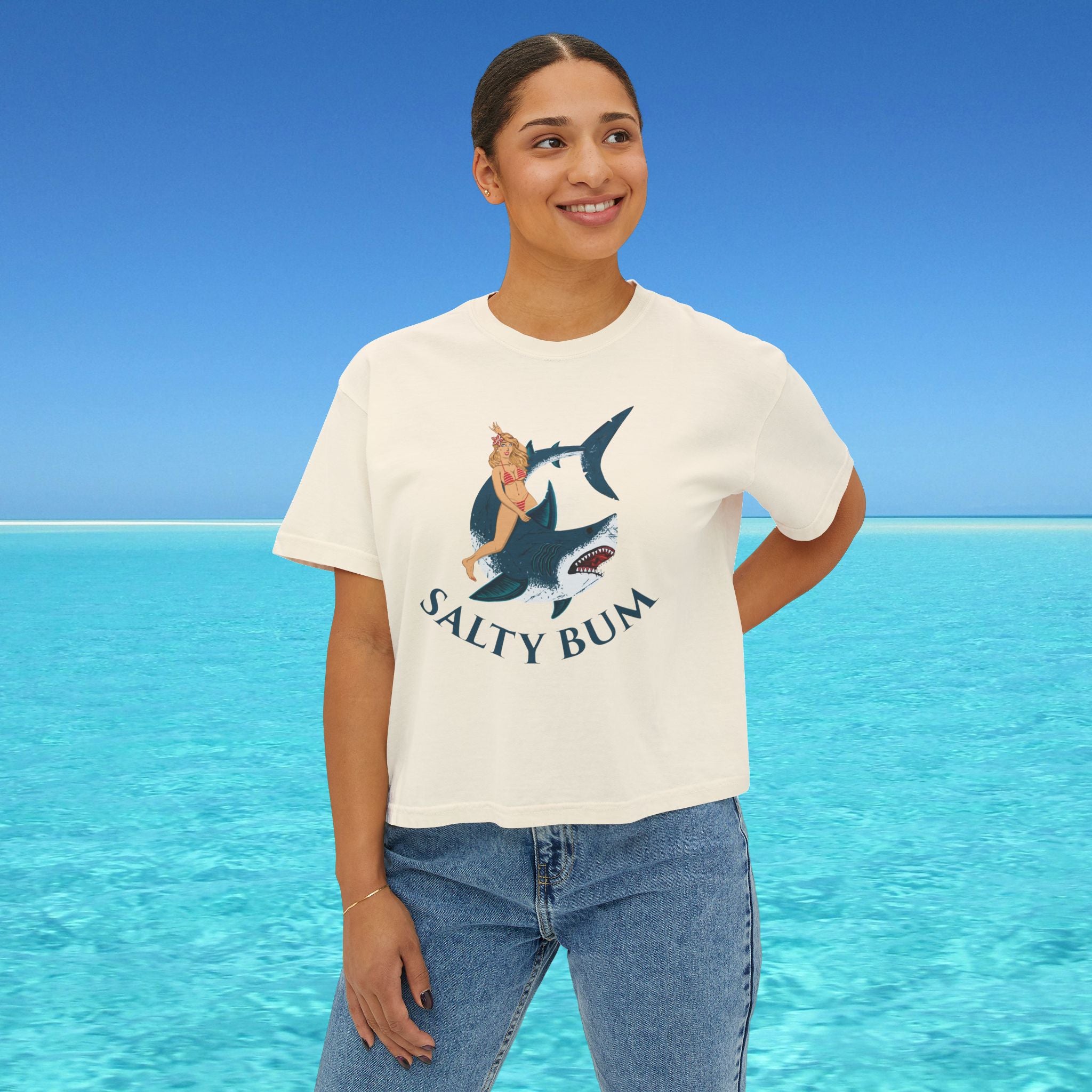 womans boxy tee salty bum shark on tan