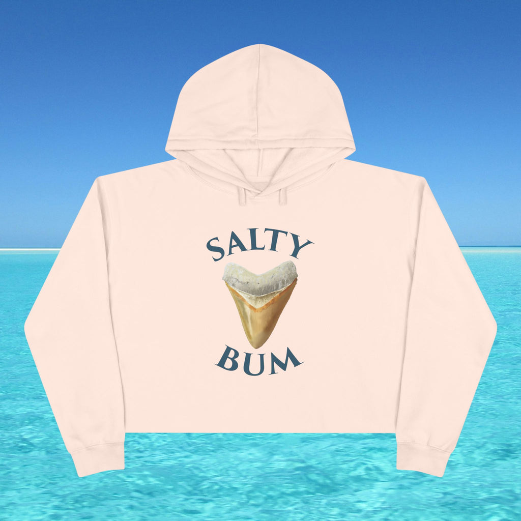 Beige hoodie with 'Salty Bum' text and ice cream graphic on a blue water and sky background