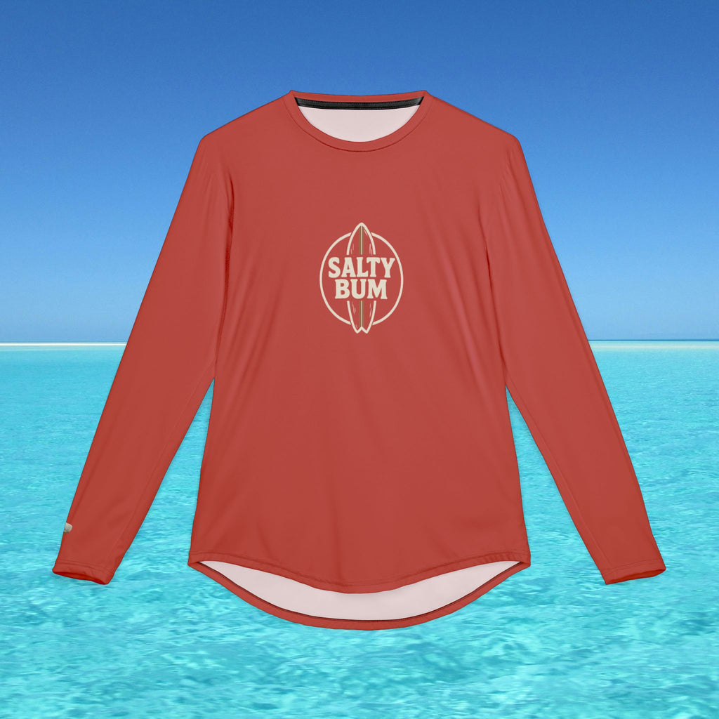 Red long-sleeve shirt with 'Salty Bum' logo on a blue water background