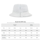White bucket hat with measurement chart on a white background