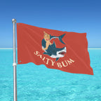Flag with 'Salty Bum' design featuring a mermaid and shark against a blue sky and ocean background.