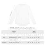 White long-sleeve shirt with size chart for UV protection on a white background