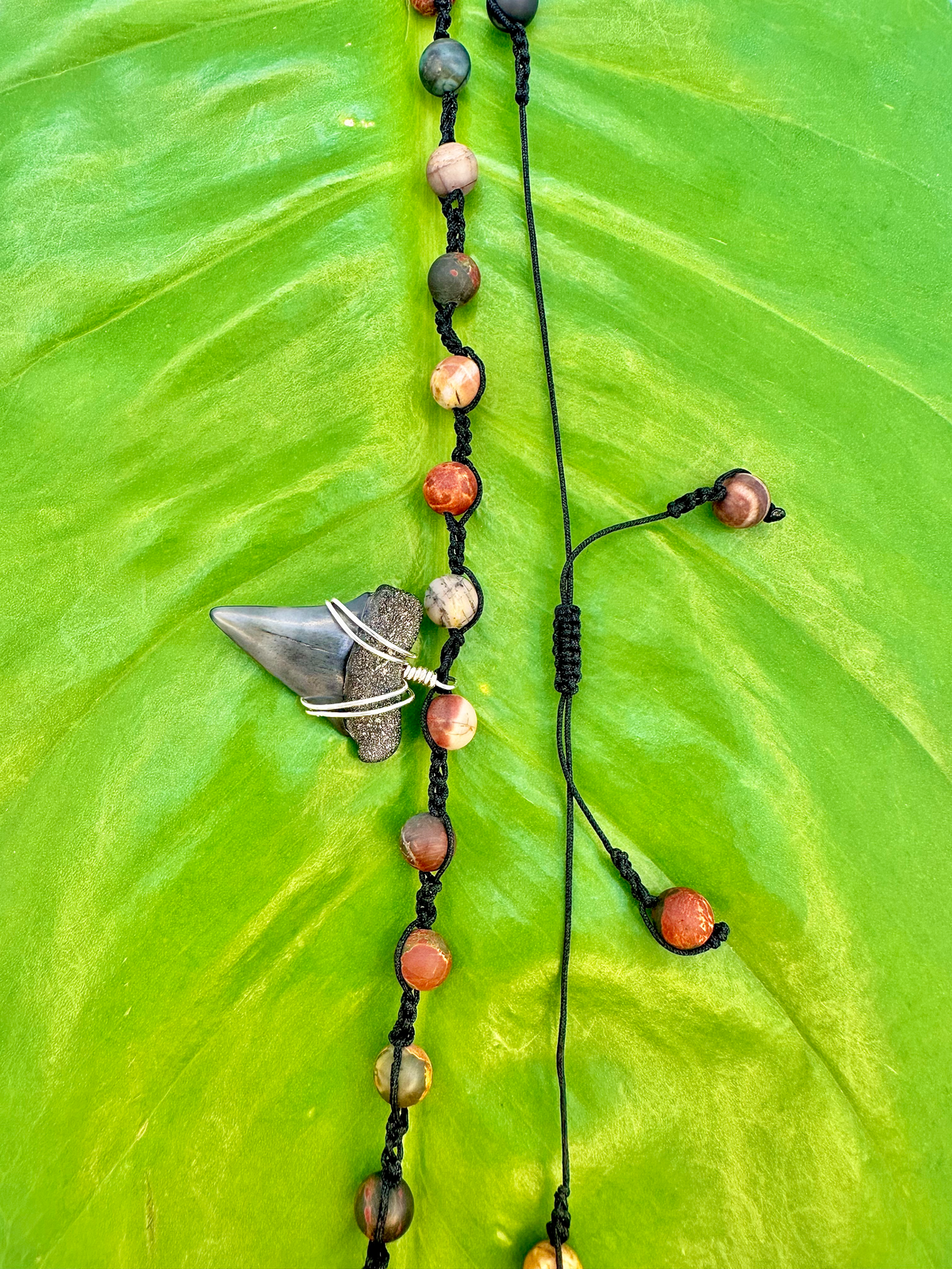 A beaded necklace with a shark tooth pendant, laid flat on a vibrant green leaf. The necklace features a black cord, round beads in orange, brown, and cream, and a triangular shark tooth pendant wrapped in silver wire.